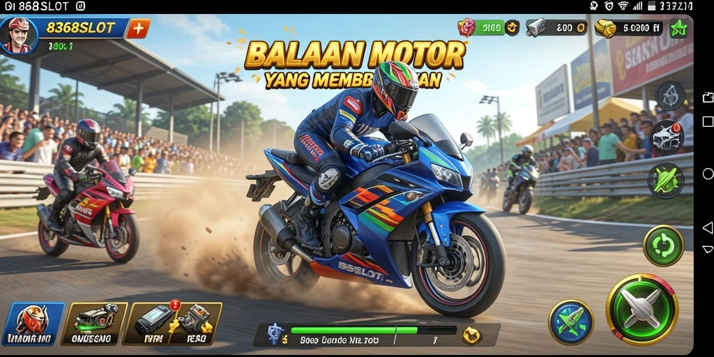 Tampilan gameplay seru dari 8368SLOT yang menampilkan akselerasi motor balap.