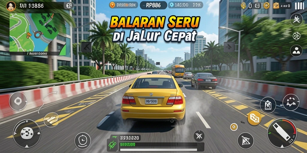 Tampilan menarik gameplay balapan RP886 dengan aksi kencang.