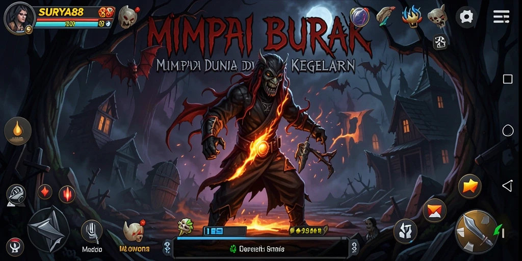 Screenshot gameplay SURYA88 menunjukkan atmosfer kegelapan dan ketegangan.